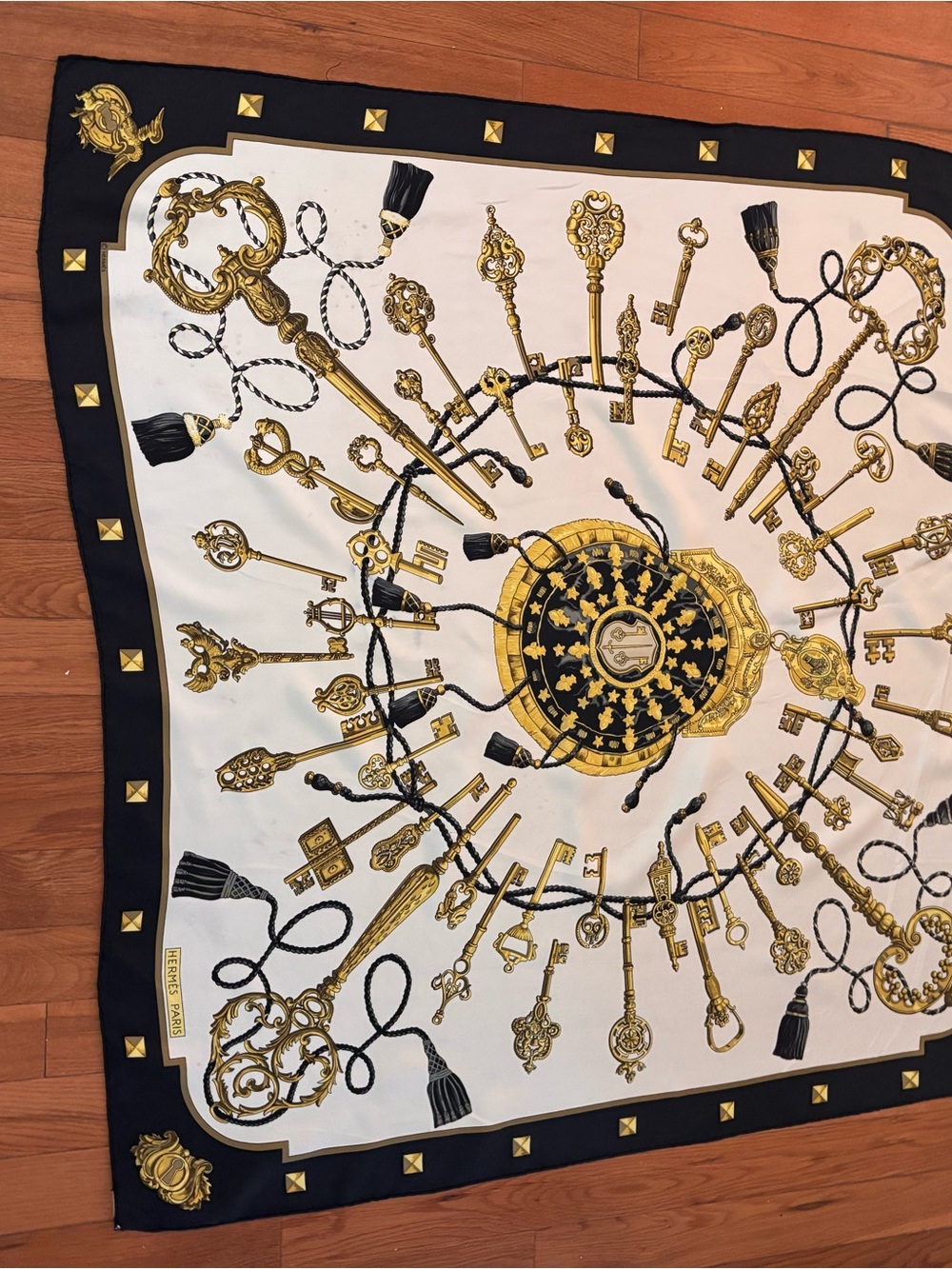 Hermès "Les Clés" (The Keys) silk scarf in black, gold, whits